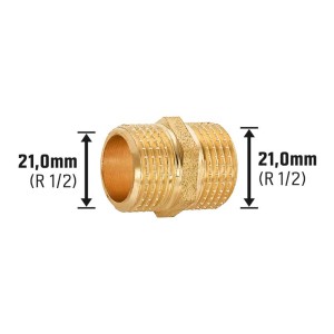 Messing Gewinde-Nippel, 21 mm (R 1/2) für Trinkwasser- und Heizungsrohrleitungen.