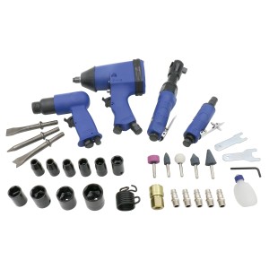LUX Druckluft-Set, 33-teilig: Schlagschrauber, Ratschenschlüssel, Schleifer, Meißelhammer und Zubehör.