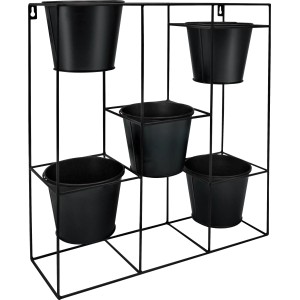 Schwarzes Hängeblumen-Gestell (38x34,5cm) mit 5 Übertöpfen, geeignet für kleine bis mittelgroße Pflanzen.