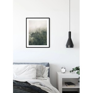 Komar Wandbild Tales of the Carpathian, 40x50 cm, zeigt Wald im Nebel im schwarzen Rahmen.