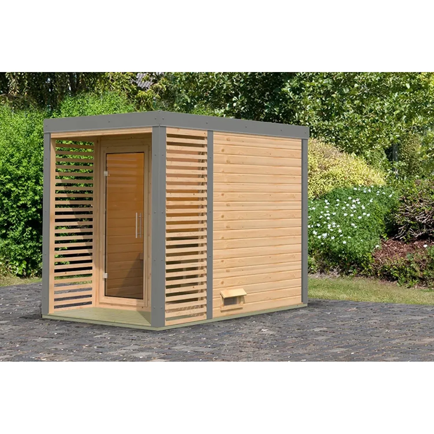 Karibu Saunahaus Seros 1, naturbelassen/staubgrau, aus nordischer Fichte für den Garten.