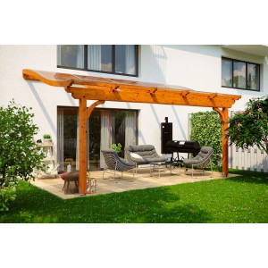 Skan Holz Terrassenüberdachung Verona aus Leimholz in Eiche hell mit Polycarbonat-Dach