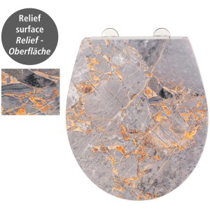 Wenko WC-Sitz Grey Marble mit Absenkautomatik, graue Marmor-Optik mit kupferfarbenen Akzenten.