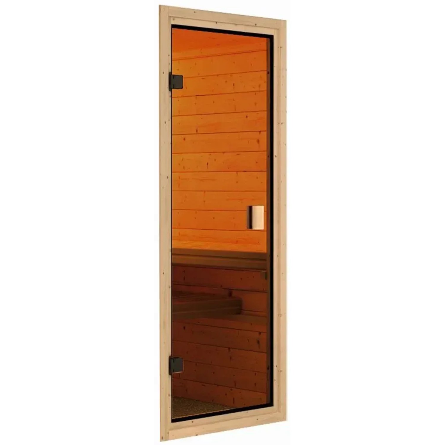 Saunatür: Bronzierte Glastür für Woodfeeling Sauna Faurin. Eckeinstieg mit Holzrahmen.