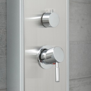 Detailaufnahme: Schütte Duschpaneel Tahiti Edelstahl mit Bedienelementen.