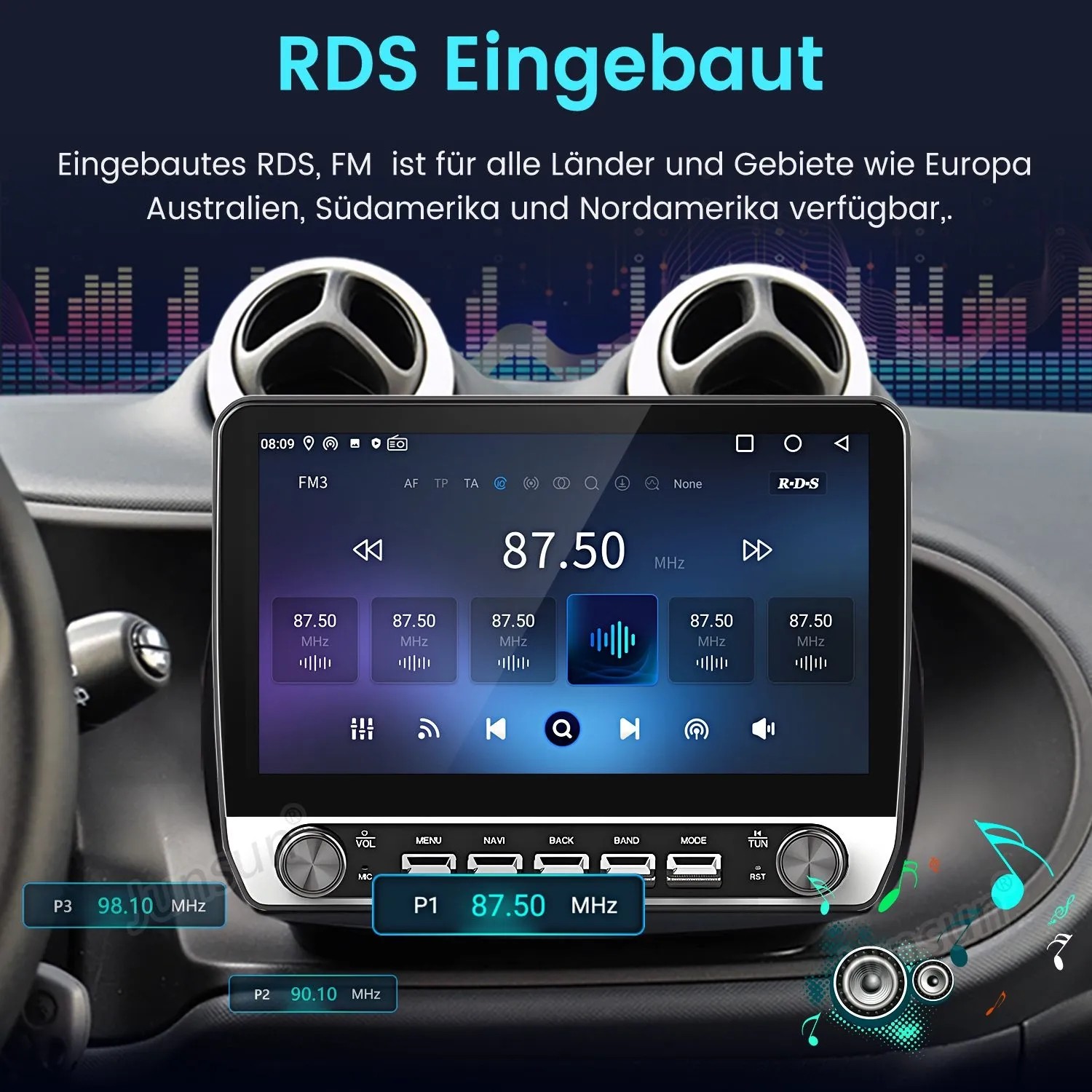 Junsun 10 Zoll Android Autoradio im Smart Fortwo, zeigt RDS FM Radio auf 87.50 MHz.
