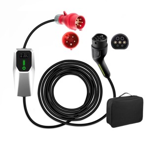Junsun Typ 2 Ladekabel 11kW für Elektrofahrzeuge. Mobiles EV-Ladegerät mit CEE-Stecker, Typ 2 Ladeanschluss und Tasche.