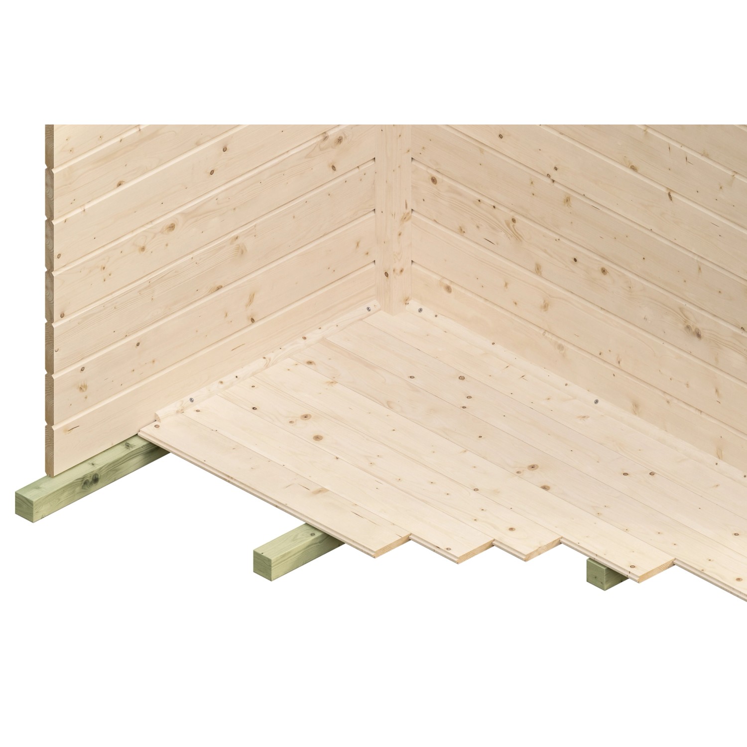 Detailaufnahme: Skan Holz Gartenhaus Arnheim, Holzfußboden und Wandkonstruktion.