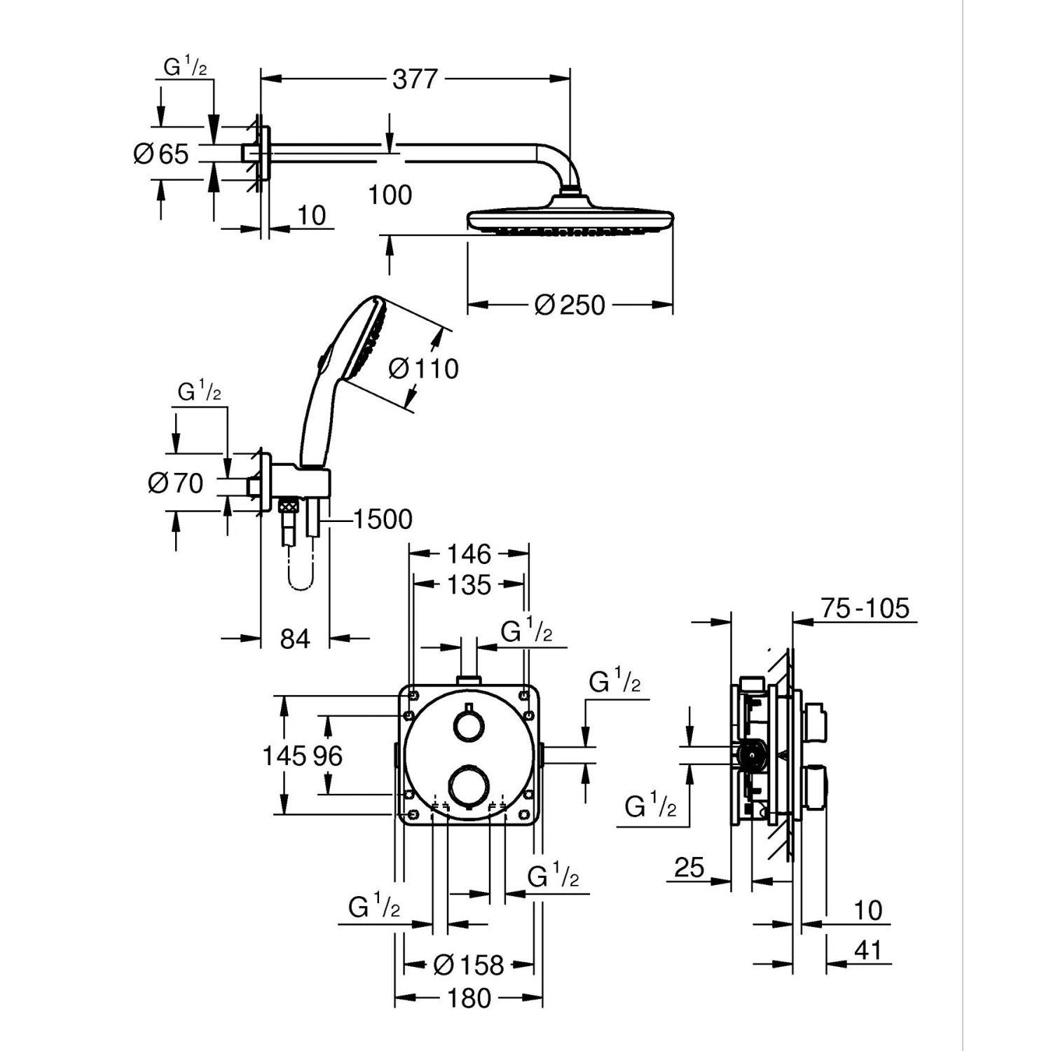 Technische Zeichnung des Grohe Precision Thermostat Duschsystems Unterputz mit Vitalio Start 250.