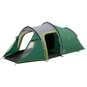 Grün-graues Coleman Zelt Chimney Rock 3 Plus für 3 Personen, Tunnelzelt mit geöffnetem Eingang.