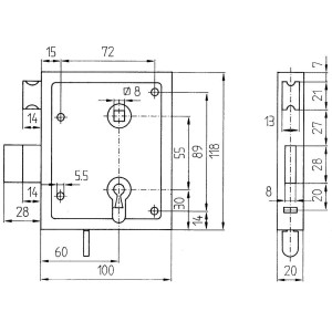 Technische Zeichnung: Universal-Kastenschloss mit Maßen für Profilzylinder und schließende Falle.