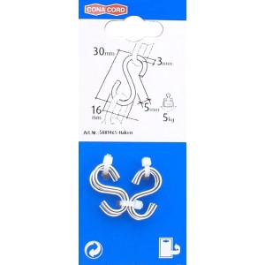 Zwei silberne Conacord S-Haken aus Stahl, 3x25mm, auf blauer Verpackung. Belastbar bis 5 kg.