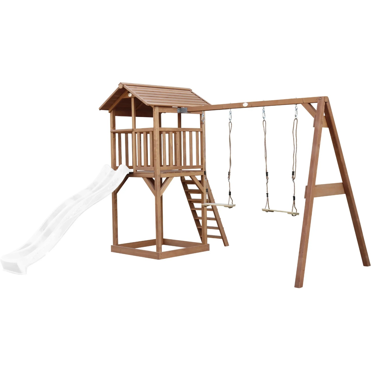 Axi Beach Tower Spielturm mit Doppelschaukel, Rutsche und Sandkasten aus Holz.