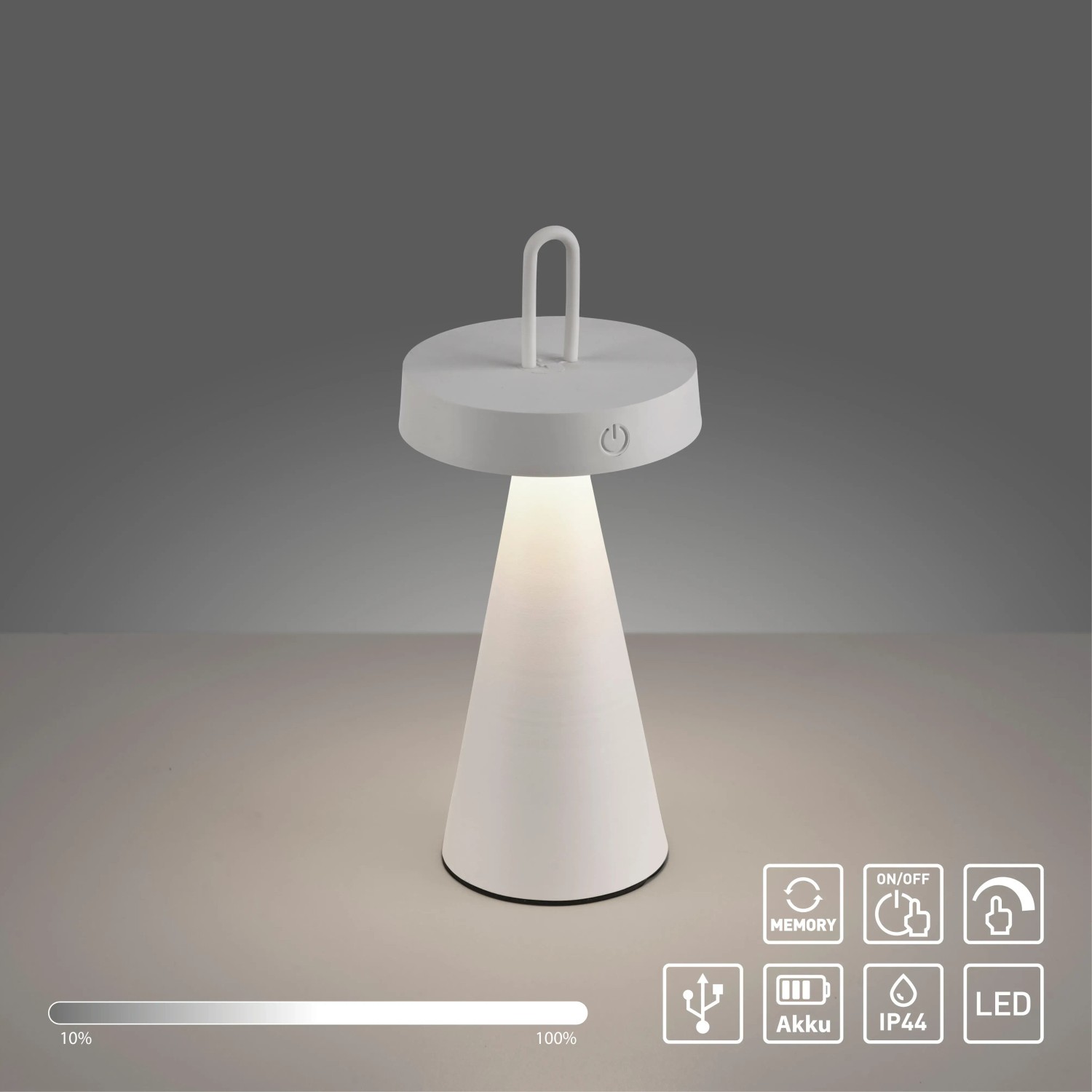 Weiße LED-Akku-Tischleuchte Alwa, dimmbar, für Innen & Außen. Dekoleuchte mit USB-Ladekabel.