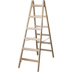 Krause Holz-Sprossen-Doppelleiter mit 2x6 Stufen, ideal für Handwerker und Heimwerker.