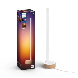 Philips Hue Gradient Signe Oak Tischleuchte (730 lm) mit Holzsockel und Verpackung.