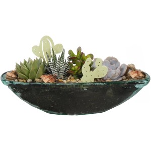 Sukkulenten-Arrangement im Glasgefäß, Topf ca. 30cm, mit Deko-Kakteen.