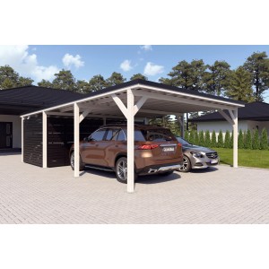 Holzbrüder Doppelcarport Ralf mit Geräteraum, reinweiß, mit zwei geparkten Autos.