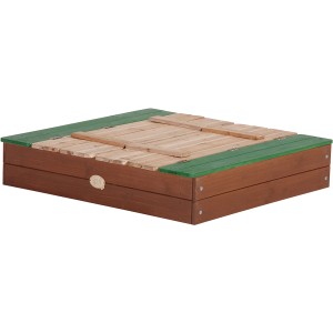 Axi Ella Sandkasten aus Holz, braun mit grünem Rand und geschlossenem Deckel.