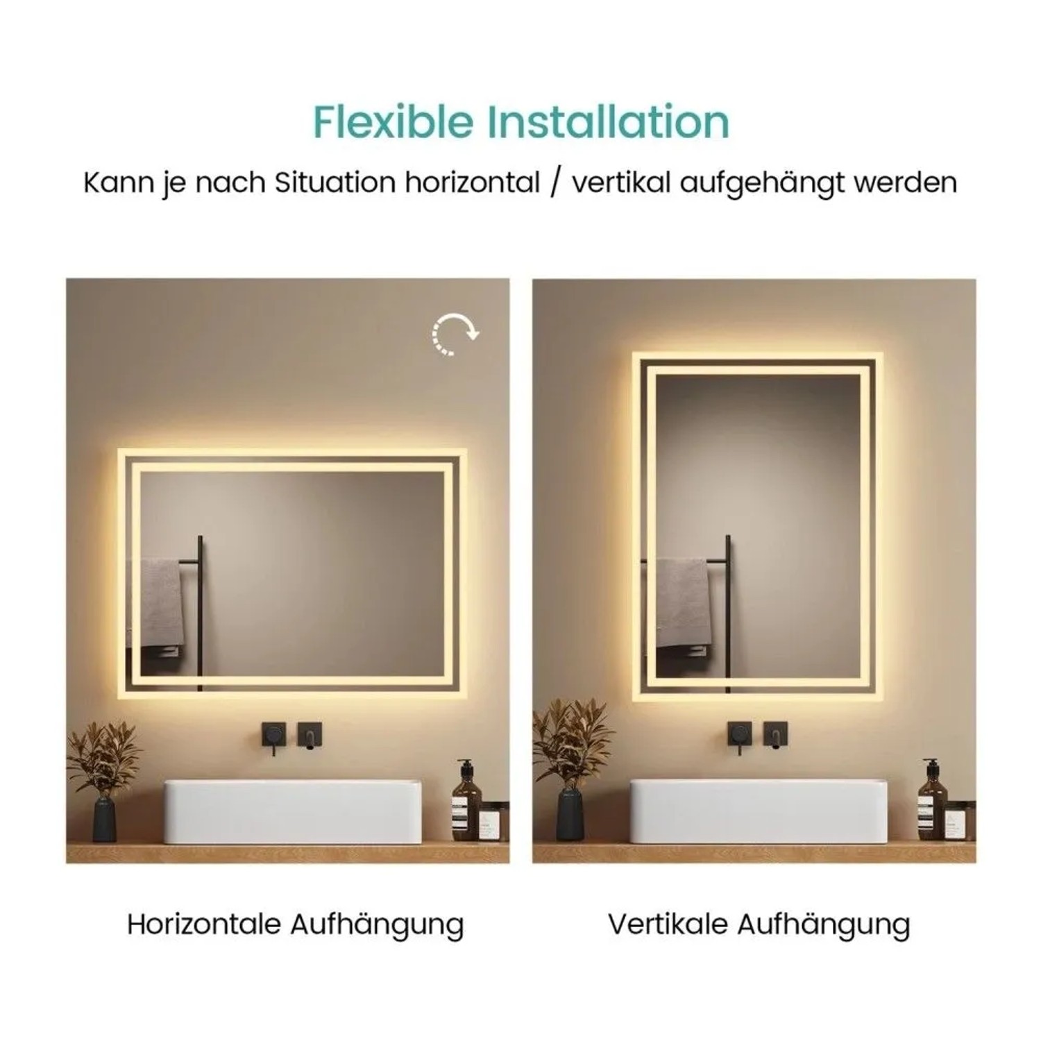 Emke Badspiegel 50x70 cm mit warmweißer LED-Beleuchtung, flexibel horizontal oder vertikal montiert über einem Waschbecken.