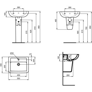 Technische Zeichnung: Ideal Standard Eurovit Plus Waschtisch, 55 cm, 1 Hahnloch, mit Überlauf, Weiß.