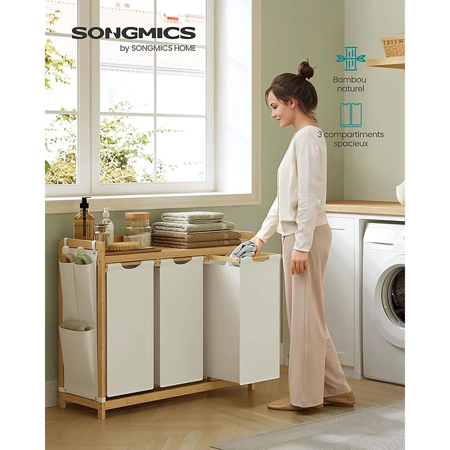 Songmics Wäschesammler Rocki mit 3 Fächern, Ablage und seitlichen Taschen im Badezimmer.