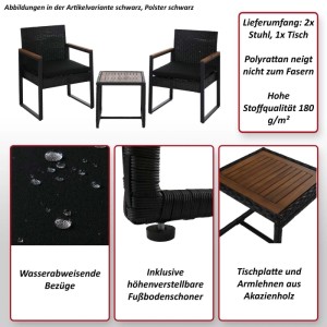 Graue Polyrattan Gartenmöbel: 2 Stühle, 1 Tisch mit Akazienholz-Elementen und grauen Polstern.