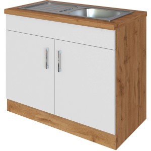 Held Möbel Spülenschrank Sorrento, 100x85x60 cm, weiß/Wotaneiche, mit 2 Türen.