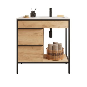 Cygnus Bath Waschtisch Vinci 85 cm Eiche mit Spiegel, schwarzer Rahmen, 2 Schubladen.