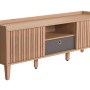 Beiges TV-Rack M48 mit geriffelten Schiebetüren, offener Ablage, grauer Schublade. Moderner TV-Schrank.