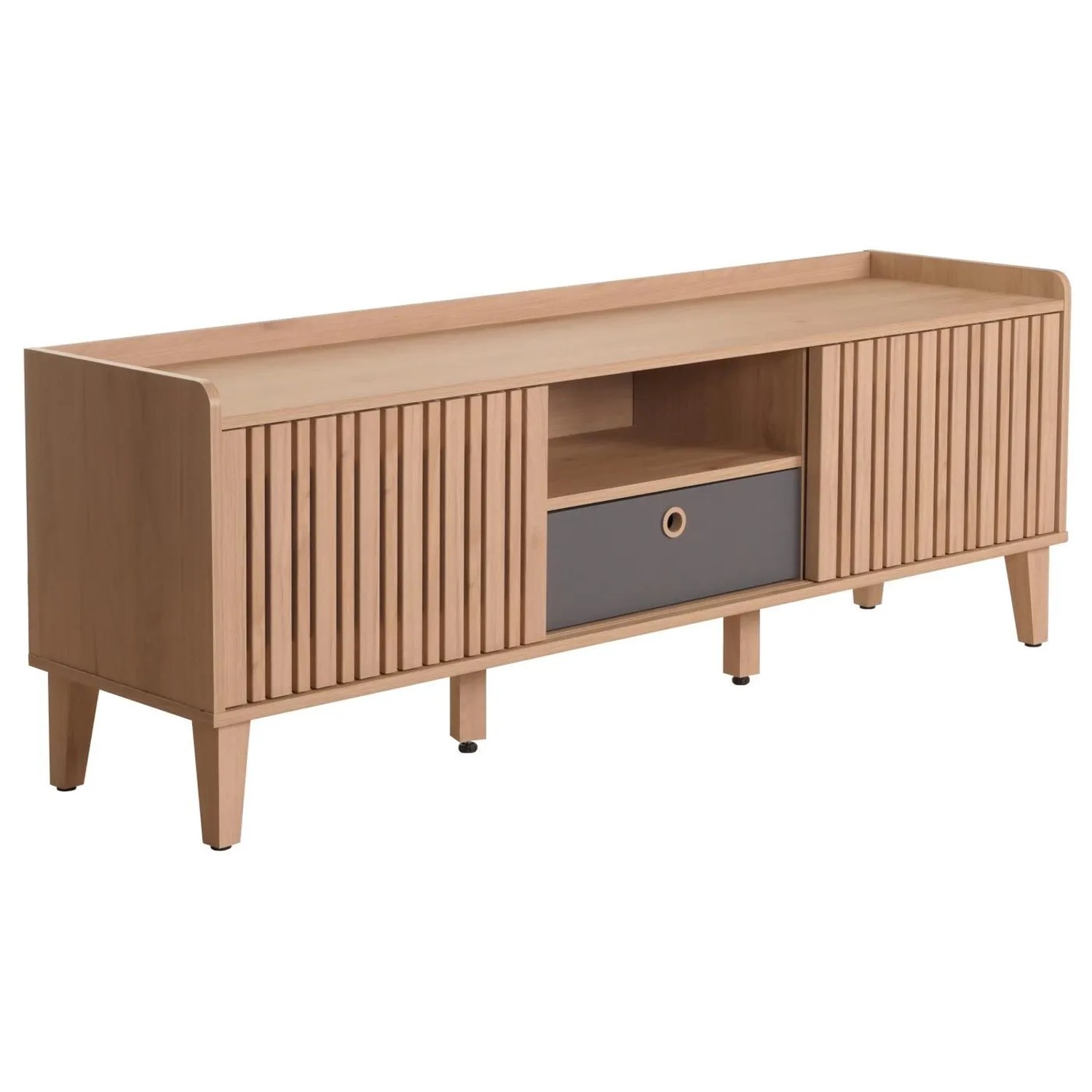 Beiges TV-Rack M48 mit geriffelten Schiebetüren, offener Ablage, grauer Schublade. Moderner TV-Schrank.