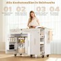 Weiße HOMCOM Kücheninsel aus MDF mit ausklappbarer Holz-Arbeitsplatte, Schubladen, Schränken, Handtuchhalter und Rollen.