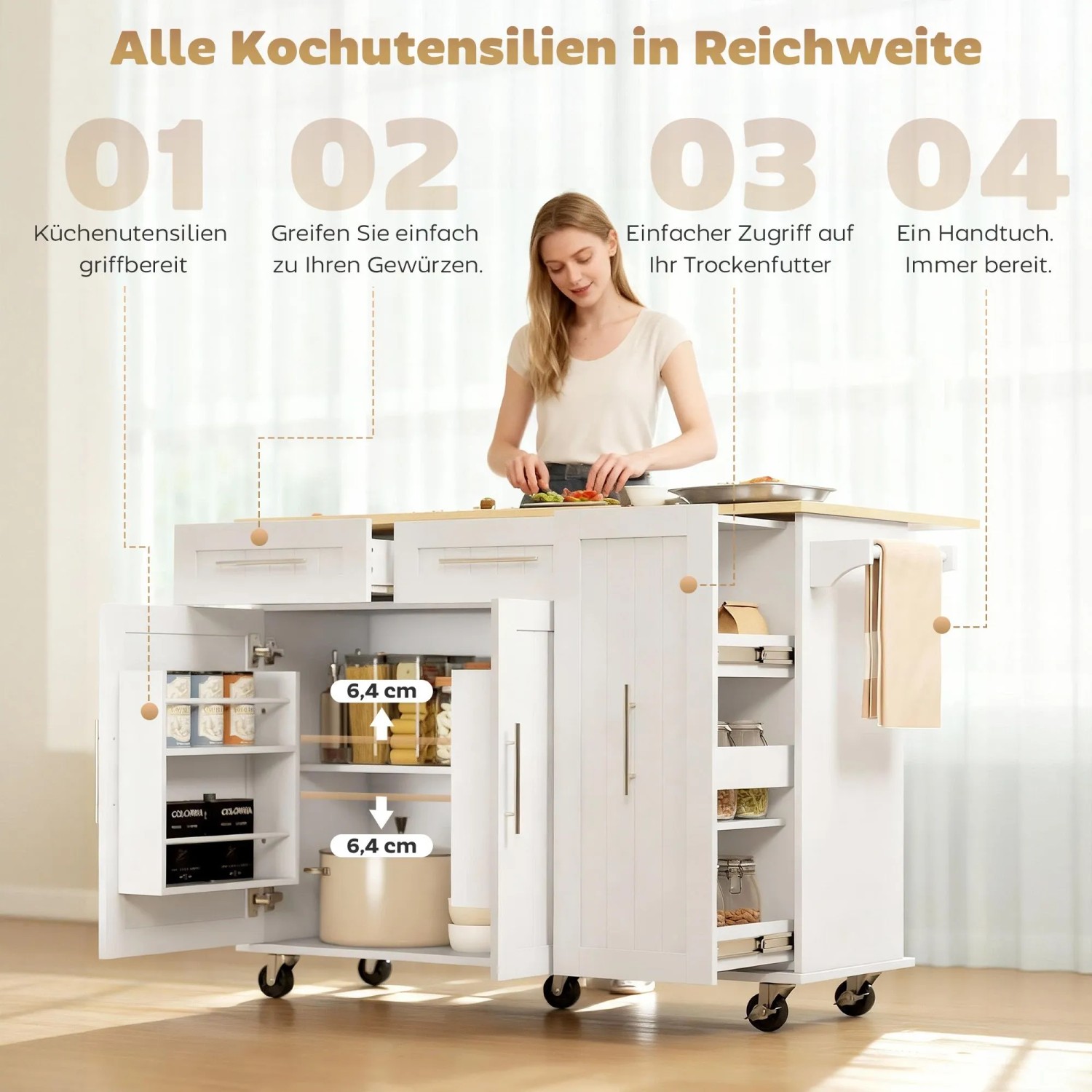 Weiße HOMCOM Kücheninsel aus MDF mit ausklappbarer Holz-Arbeitsplatte, Schubladen, Schränken, Handtuchhalter und Rollen.