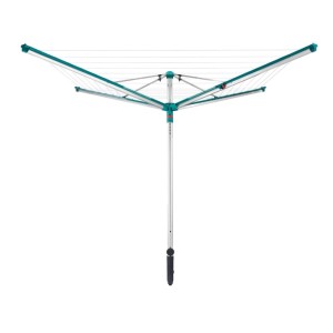 Leifheit Linomatic 400 Deluxe Wäschespinne, ausgeklappt, mit teal-farbenen Armen und 40m weißen Leinen.