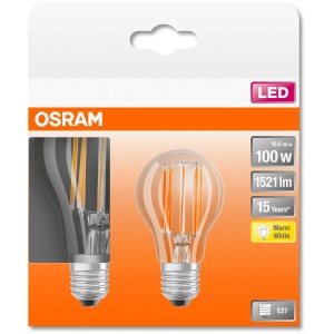 Osram E27 LED Leuchtmittel in Glühlampenform, 11W, warmweiß, für Wohnräume.