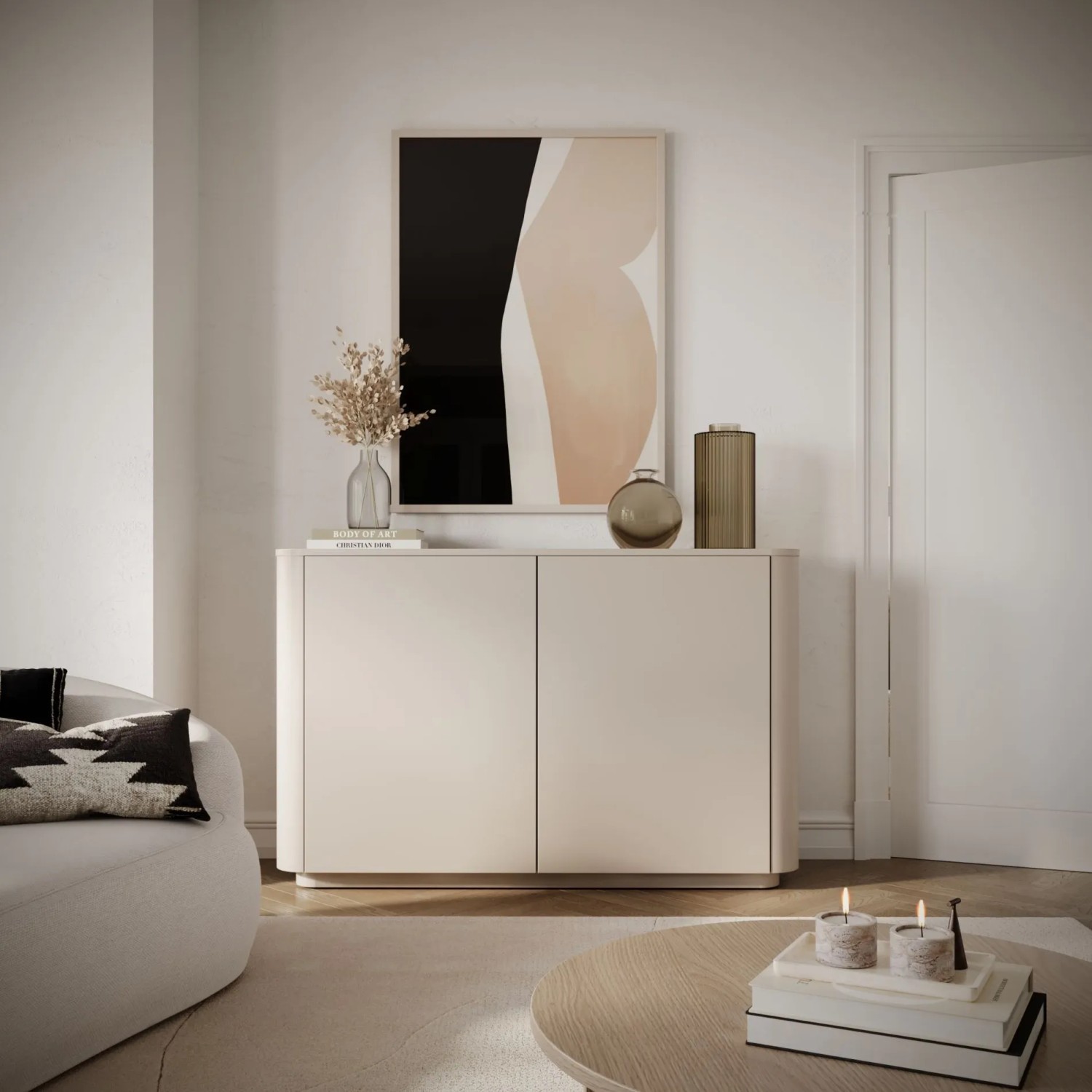 Selsey Luvio Sideboard 140 cm in Kaschmir, zweitürig, mit abgerundeten Kanten im modernen Wohnzimmer.