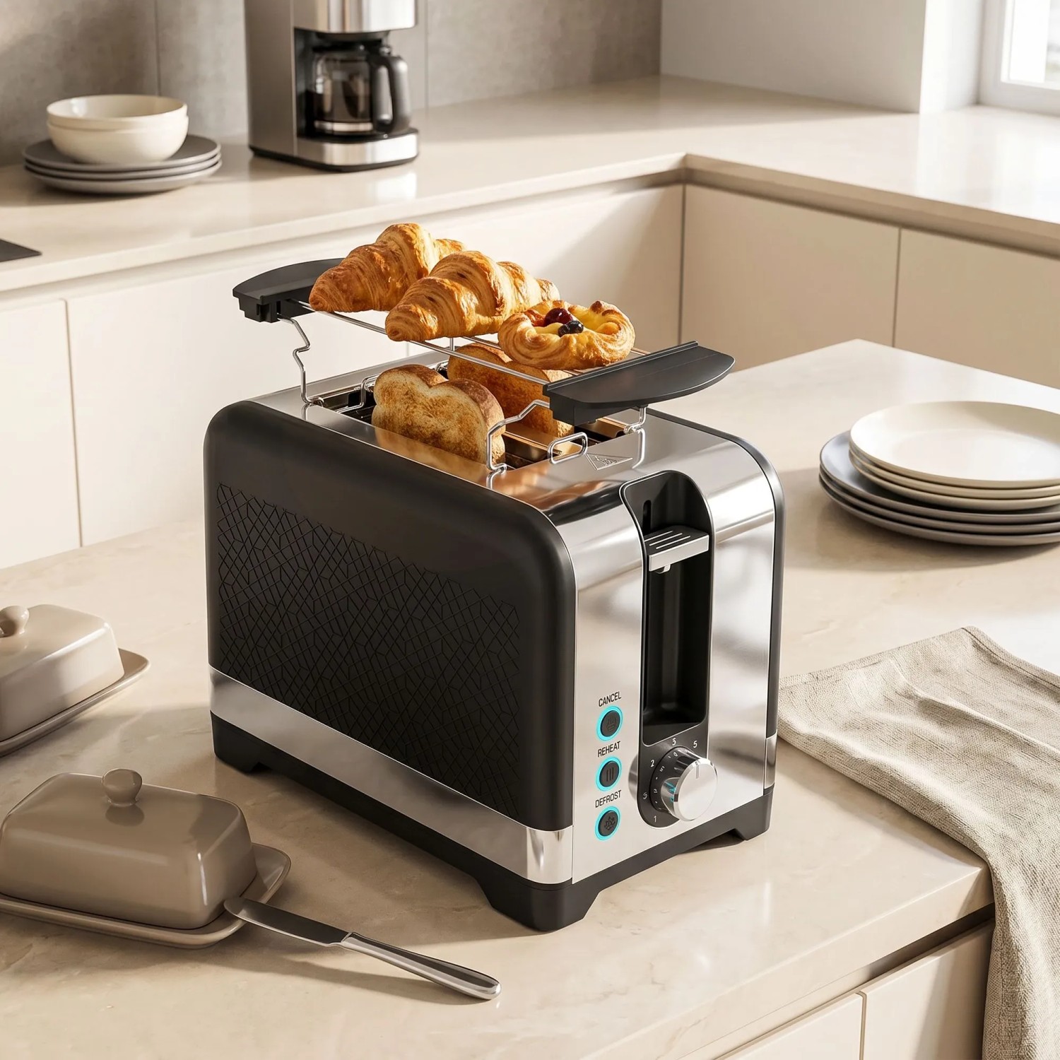 HOMCOM Toaster aus Kunststoff in Schwarz/Silber mit Warmhalterost für Croissants und Toast auf Küchenzeile.