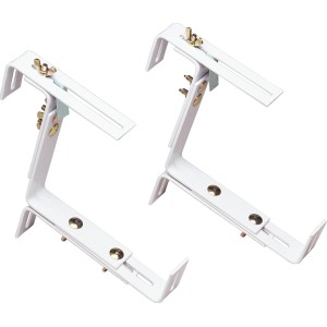 Zwei weiße Poétic Blumenkastenhalter Vario aus Metall für den Außenbereich.