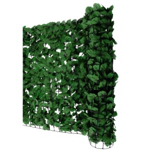 Balkonsichtschutz mit grünen Blättern auf flexiblem Gitter, 300x150cm.