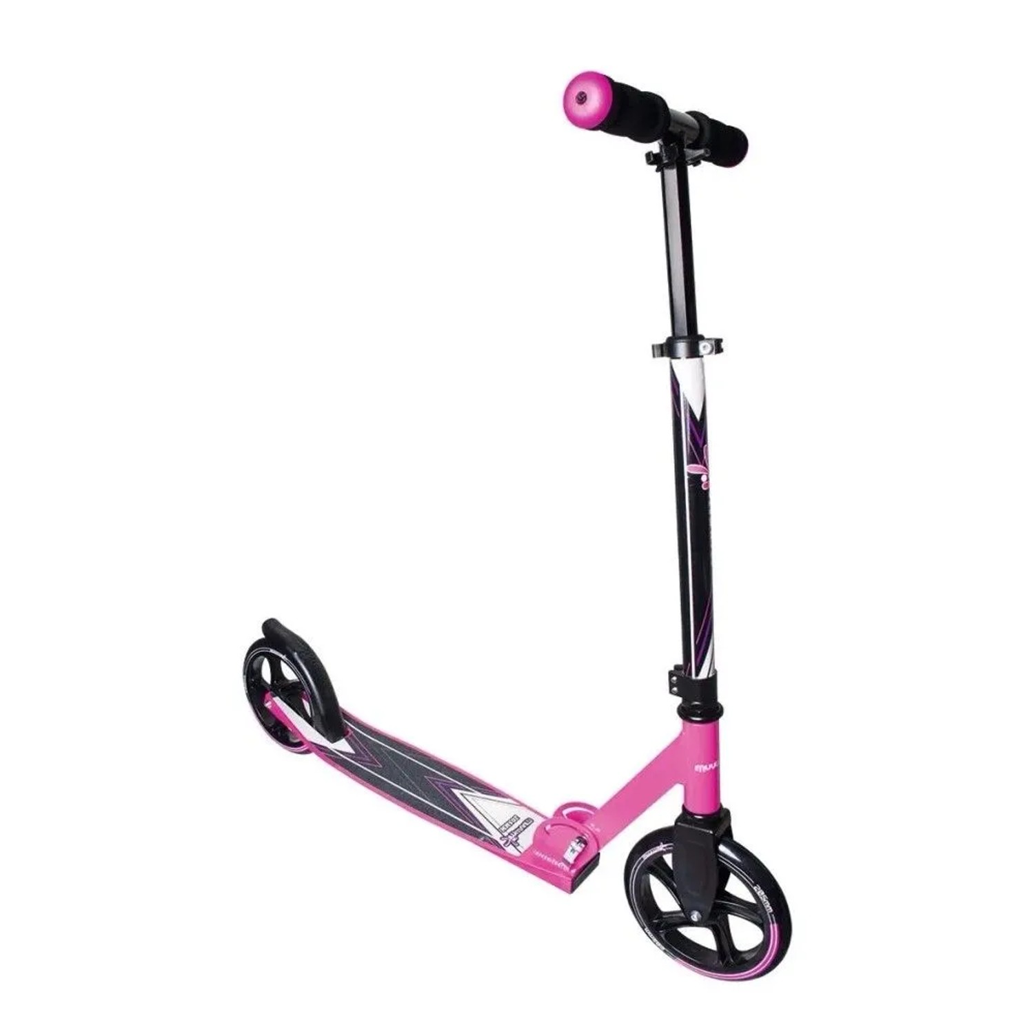 Pink-schwarzer Muuwmi Aluminium Scooter Tretroller mit großen 205 mm Rollen. Höhenverstellbar für Kinder und Erwachsene.