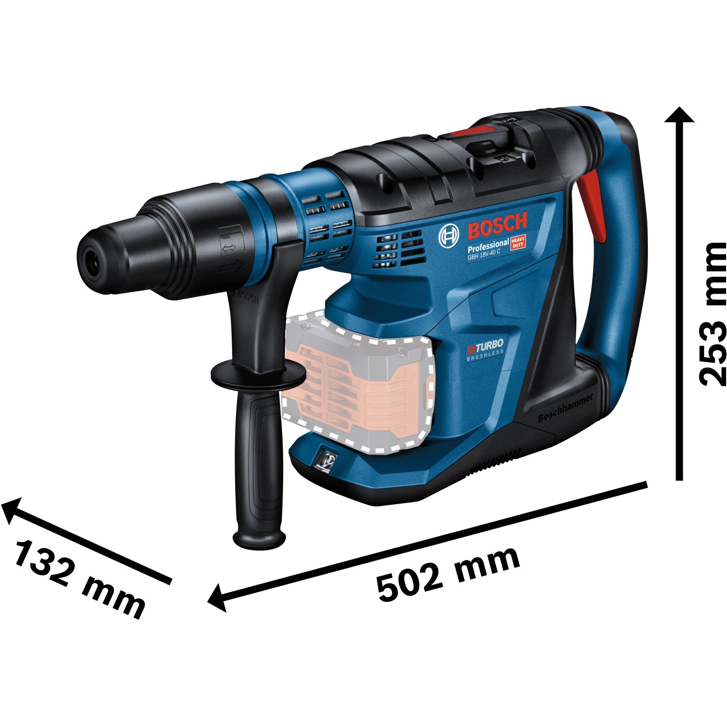 Bosch Professional Akku-Bohrhammer GBH 18V-40C Solo mit L-Boxx, blau-schwarz, mit Maßangaben.