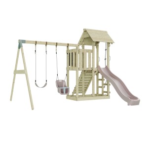 PolarPlay Babyschaukel Uppsala altrosa mit Spielturm und Rutsche.