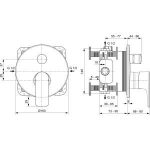Technische Zeichnung Ideal Standard Connect Air Unterputz Badearmatur, Maße und Anschlüsse.