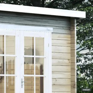 Detailansicht des Alpholz Gartenhaus Maria-28 mit Doppeltür und Schleppdach.
