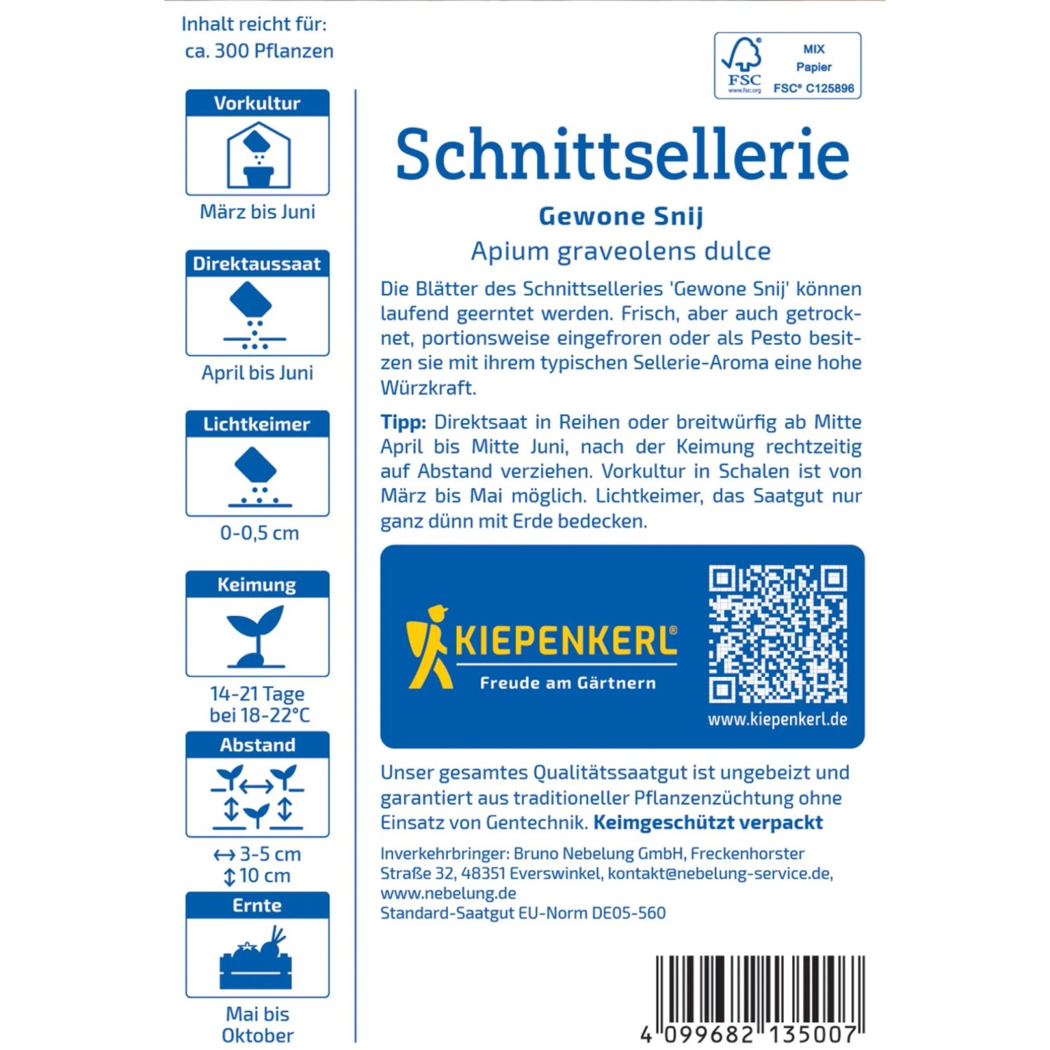 Kiepenkerl Schnittsellerie Gewone Snij Saatgutpackung, Kräutersamen für aromatische Gerichte.