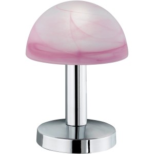 Trio Tischleuchte Fynn in Chrom mit lila-weißem Schirm, Design-Tischlampe.