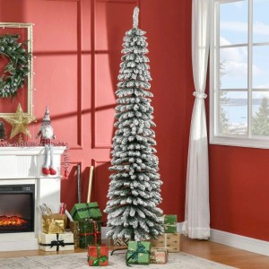 Hoher, schlanker HOMCOM Weihnachtsbaum aus Kunststoff, 210 cm, mit schneebedeckten grünen Zweigen.