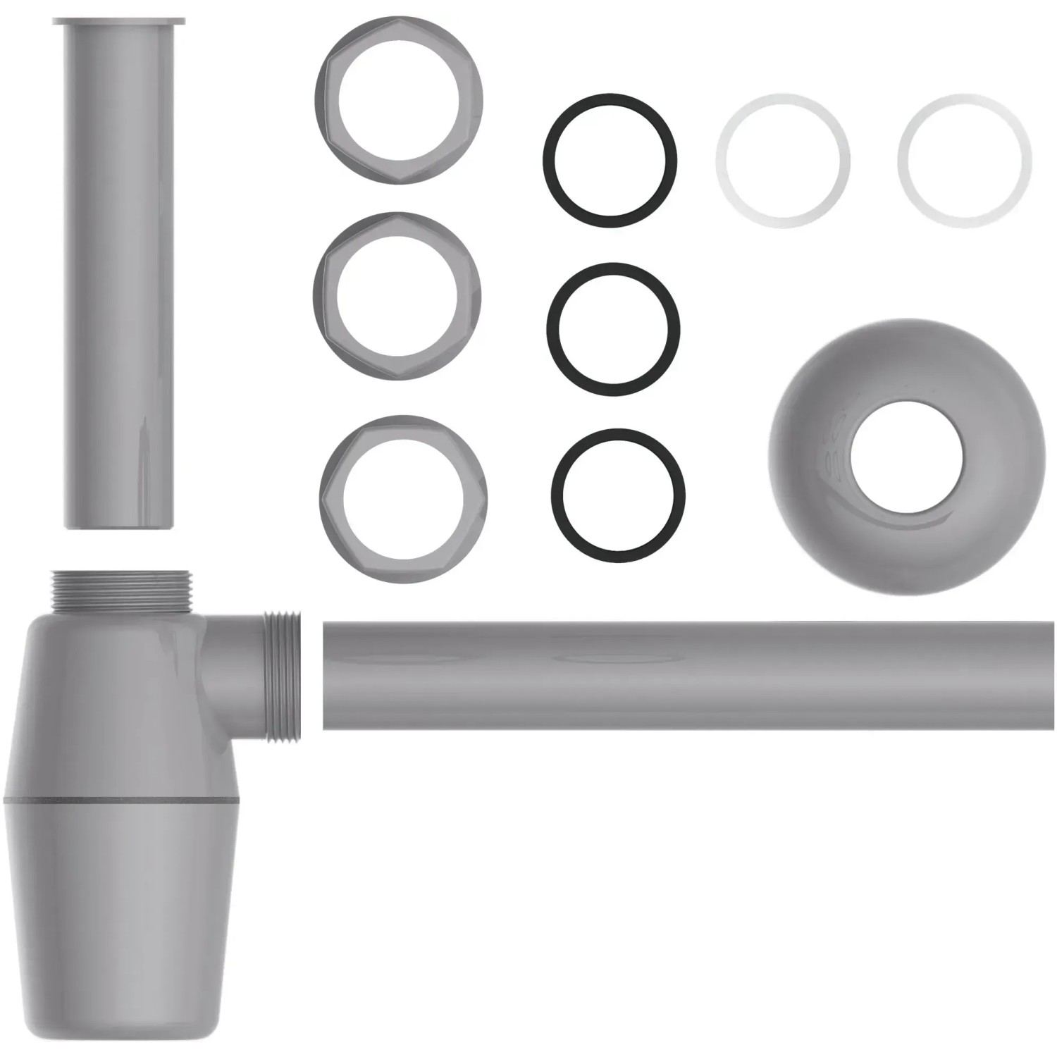 Kirchhoff Tassensiphon Eco Save, grauer Waschbecken Siphon aus recyceltem Kunststoff, Einzelteile