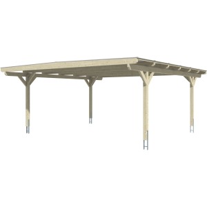 Skan Holz Carport Odenwald Nussbaum, Doppelcarport aus Holz mit flachem Dach und vier Pfosten.