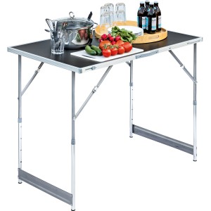 LUX-TOOLS Mehrzwecktisch MZT-100/60 mit Aluminiumrahmen, höhenverstellbar und mit Speisen dekoriert.